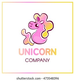 Cute chubby smiling cartoon pink unicorn with yellow to pink gradient fluffy curly tail and mane sitting on his butt and looking behind the shoulder isolated on white background, company logotype.