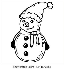 Cute chubby snowman. Single doodle vector illustration. Hand drawn.