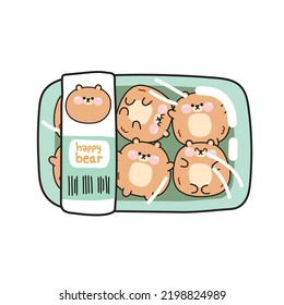 Cute Chubby  Teddy Bear Cartoon In Plastic Pack.Shopping Market Concept.Funny Animal Character Cocept.Food.Sticker.Isolated.Kawaii.Vector.Illustration.