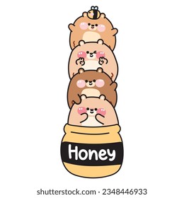 Cute chubby teddy bear stay together in honey jar cartoon.Funny character wild animal character design.Bee.Kawaii.Vector.Illustration.