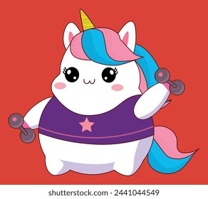 Cute chubby unicorn in the gym doing exercises, with donut vector illustration pattern