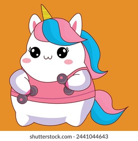 Cute chubby unicorn in the gym doing exercises vector illustration