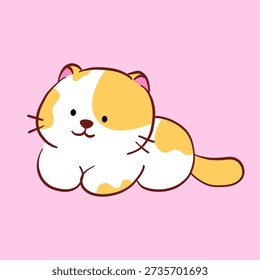 Cute, chubby white and orange striped cat, hand-drawn. pink background. vector art and illustration.