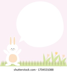 personaje de dibujos animados de conejo blanco, hierba verde, el colorido vector de flor de tulipán y el espacio de copia blanca sobre fondo rosa pastel.