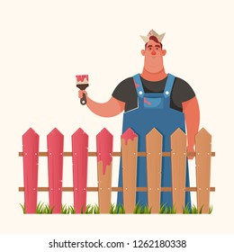 Cute Chubby Worker Painting the Fence. Cartoon Style. Vector Illustration