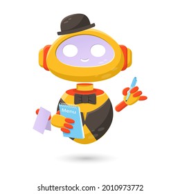 A cute chuck bot robot that appears in the interface window to answer user questions. Vector illustration in cartoon style, isolated flat, banner, logo