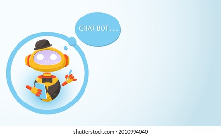 A cute chuck bot robot that appears in the interface window to answer user questions. Vector illustration in cartoon style, isolated flat, banner