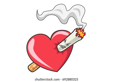 Cute Cigarette burning the heart. Vector illustration. Isolated on white background.