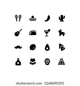 Cute Cinco de Mayo and day of the dead solid glyph icon set with Mexico related icons