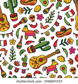 cute Cinco de Mayo seamless pattern with doodles for holiday prints, wrapping paper, backgrounds, scrapbooking, stationary, etc. EPS 10