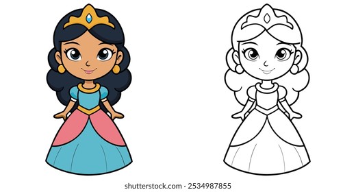 Cute Cinderella With Crown Cartoon Outline Coloring Page For Kids