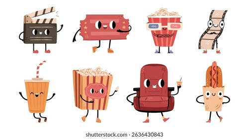 Cute cinema cartoon characters with kawaii style faces. Vector set of happy funny movie mascots. Isolated hot dog, paper cup with soda, bucket with popcorn, ticket and clapper, film strip and seat