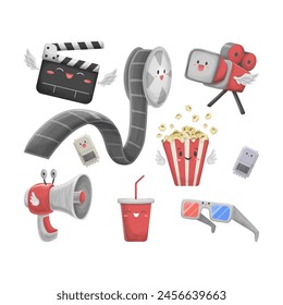 Cute Cinema Movie Ornament Hand Drawn Illustration Set Isolated on White Background