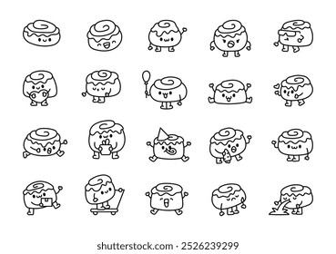 Lindo bollo de canela. Página para colorear. Adorable pastel de dibujos animados. Estilo dibujado a mano. Dibujo de Vector. Colección de Elementos de diseño.