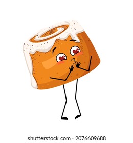 Cute cinnamon pastry bun character with love emotions, smile face, arms and legs. Cheerful baking person, bun with joyful expression. Vector flat illustration