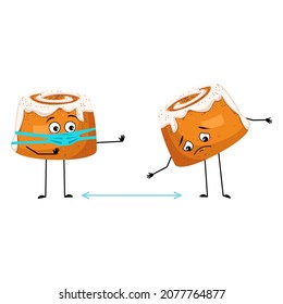 Cute cinnamon pastry bun character with sad emotions, face and mask keep distance, arms and legs. Cheerful baking person, bun with depression expression. Vector flat illustration