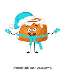 Cute cinnamon pastry bun character with joyful emotions, happy face, smile, eyes, arms and legs in Santa hat with scarf and mittens. Vector flat illustration