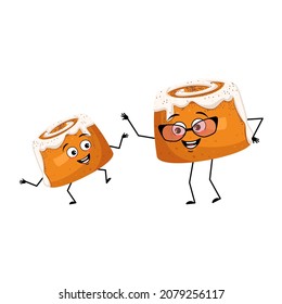 Cute cinnamon pastry bun character with happy emotions, face, arms and legs. Cheerful baking person, bun with joyful expression. Grandmother with glasses and grandson. Vector flat illustration