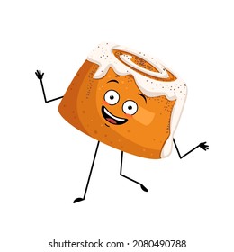 Cute cinnamon pastry bun character with happy emotions, face, smile eyes, arms and legs. Cheerful baking person, bun with joyful expression. Vector flat illustration