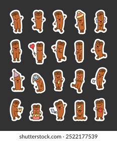 Cute cinnamon stick. Sticker Bookmark. Funny cartoon character. Hand drawn style. Vector drawing. Collection of design elements.