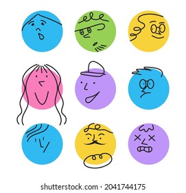 Cute circle abstract geometrical  faces set. Emotions on colorful spots. Persil hand drawn style. Sad, angry, smile characters on flat style. Funny round faces.