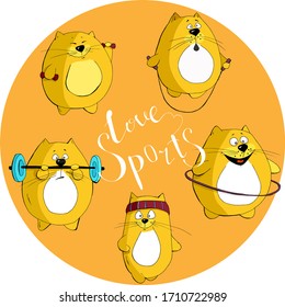 Cute circle with animal cats engaged in sports, lettering love sports, cartoon hand drawn vector illustration. Can be used for t-shirt print, kids wear fashion design, baby shower invitation card