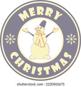 Cute circle badges with snowman and greeting text Merry Christmas purple color