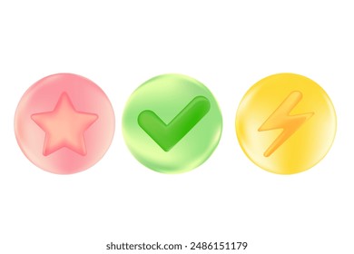 Niedliche Kreis Blasen Symbol Set mit Stern, Energie Blitz Schraube, Häkchen-Symbol. Glatte 3D-Icons mit Glow-Effekt, isolierte Vektorillustration für Präsentation, Social Media, Infografiken, Banner