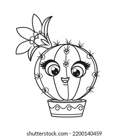 Cute circle cartoon cacti with flower in a pot coloring page on white background