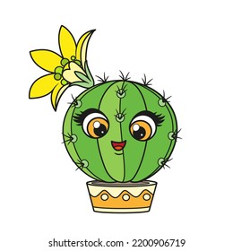 Cute circle cartoon cacti with flower in a pot color variation for coloring page on white background