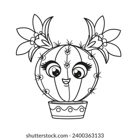 Cactus de dibujos animados en círculo lindo con dos flores en una página de colorido sobre fondo blanco