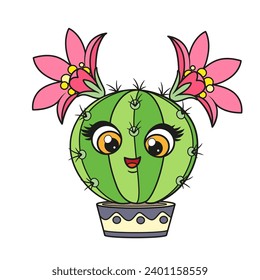 Cute circle cartoon cacti with two flowers in a pot color variation on a white background