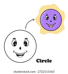 Cute circle coloring book vector illustration designed for kids and early learners. Features a simple smiling face circle with black outline and colored example, ideal for preschool education, basic shape recognition, coloring activities, worksheets, and kindergarten learning materials. Perfect for educational printables, children books, and learning resources.