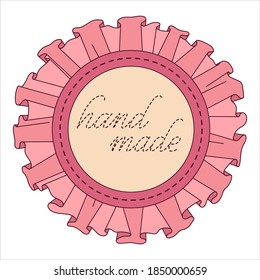 Marco de círculo cerrado con espoletas textiles, cinta, costura, hilo y bordado "hechos a mano". Ilustración de vector decorativa aislada de color