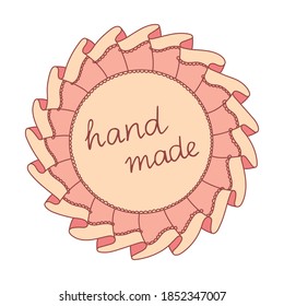 Marco de círculo cerrado con espoletas textiles, cinta, encaje, hilo y bordado "hecho a mano". Dibujo vectorial decorativo de color aislado de la ocupación creativa