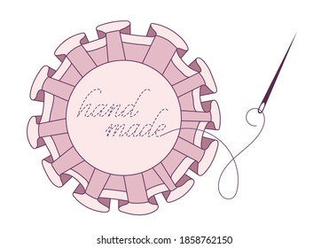 Marco de círculo cerrado con espoletas textiles, cinta, aguja de coser, hilo y inscripción de bordado interrumpida "hecha a mano". Dibujo vectorial decorativo de color aislado de la ocupación creativa
