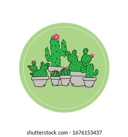 Cute circle green frame cactus vector isolated on white background. Design for posters, invitations and banners concepts.