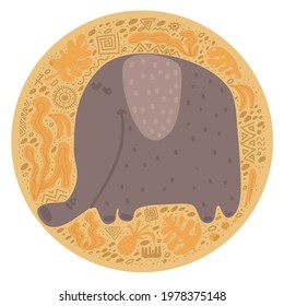 Cute circle nursery poster with elephant in scandinavian doodle style. African animal character. Childish print for nursery, kids apparel, poster, postcard. scandi style doodle animal.
