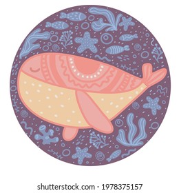 Cute circle nursery poster with whale in scandinavian doodle style. ocean animal character. Childish print for nursery, kids apparel, poster, postcard. scandi style doodle animal.