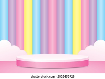 cute circle pink podium display with colorful pastel wall 3d illustration vector for putting your object