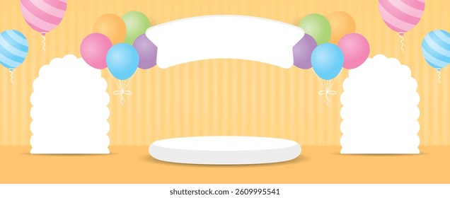 cute circle podium display stage with standee sign and kawaii colorful balloons 3d illustration vector on sweet orange floor and wall for putting object or product