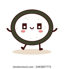 Cute Circle Sushi Japanese Food Cartoon Character with Happy Expression
