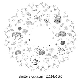 Cute circle vector christmas graphic set of traditional decor and isolated elements. Spices, decoration, cookies, gifts. Elements of a Christmas mood on a white background.