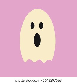 Cute circular cream ghost with wide open mouth and black eyes over soft pink background expressing surprise in Halloween theme