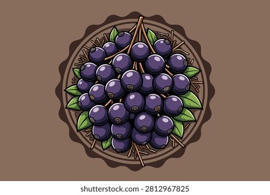 Cute circular label design featuring a plate of superfood acai berries with green leaves on a warm background.