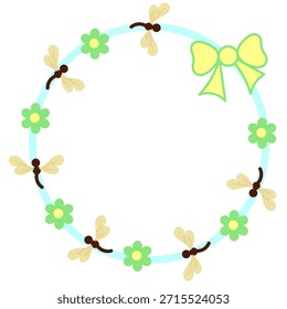 Coroa circular bonito feita de libélula e flor com borda arco vetor ilustração