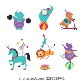 Cute Circus Animal Characters Tame Artist Performing Trick Vector Set