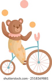 Cute circus animals, bear on a stunt bike with balls on an isolated white background