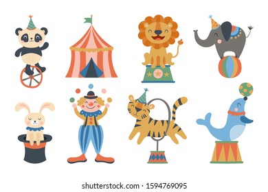 Cute circus animals and clown character design. Childish print for t-shirt, apparel, cards and nursery decoration. Vector Illustration