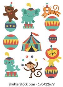 Cute Circus Animals Collection. Vector Illustration